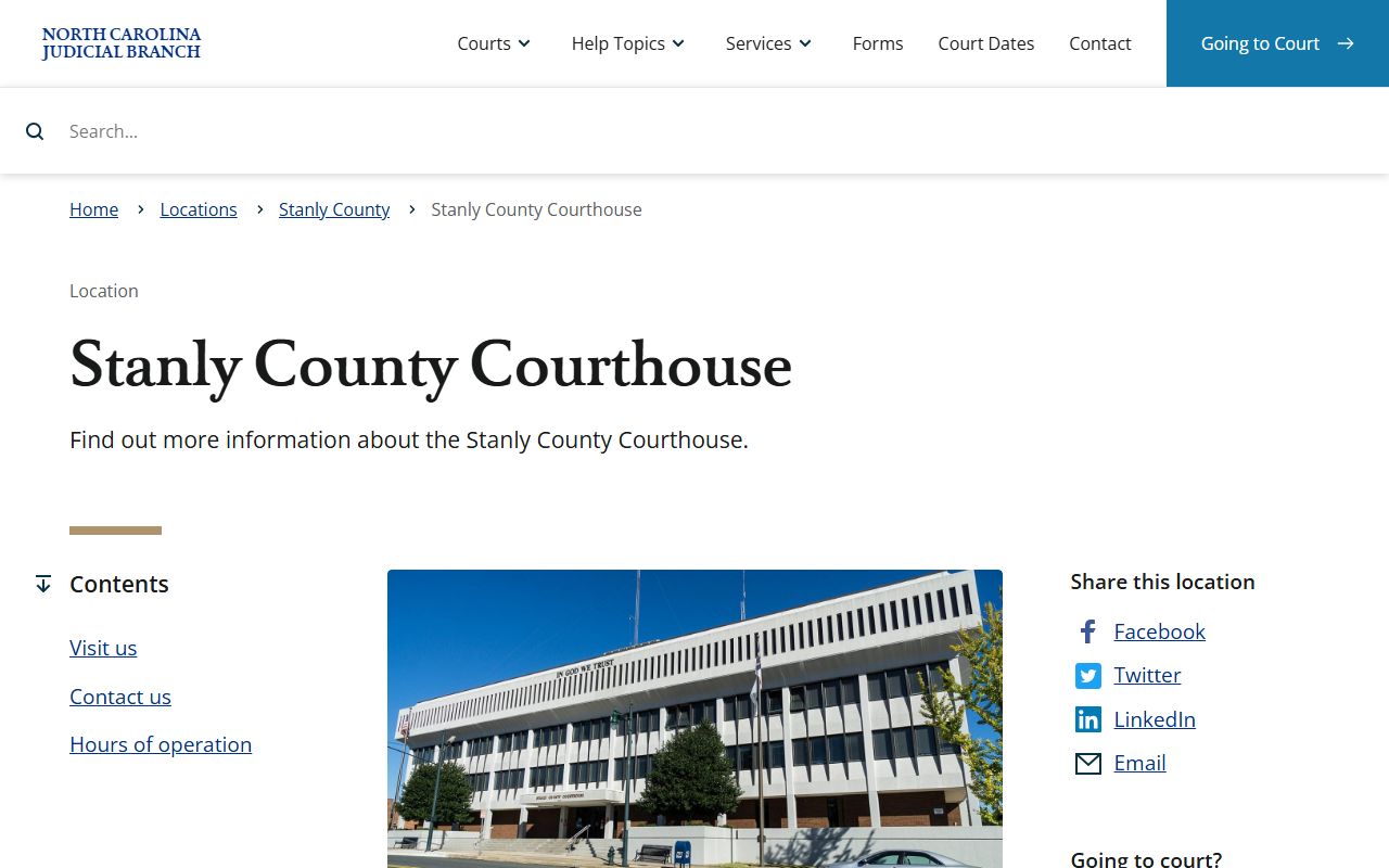 Stanly County court records courthouse address and hours