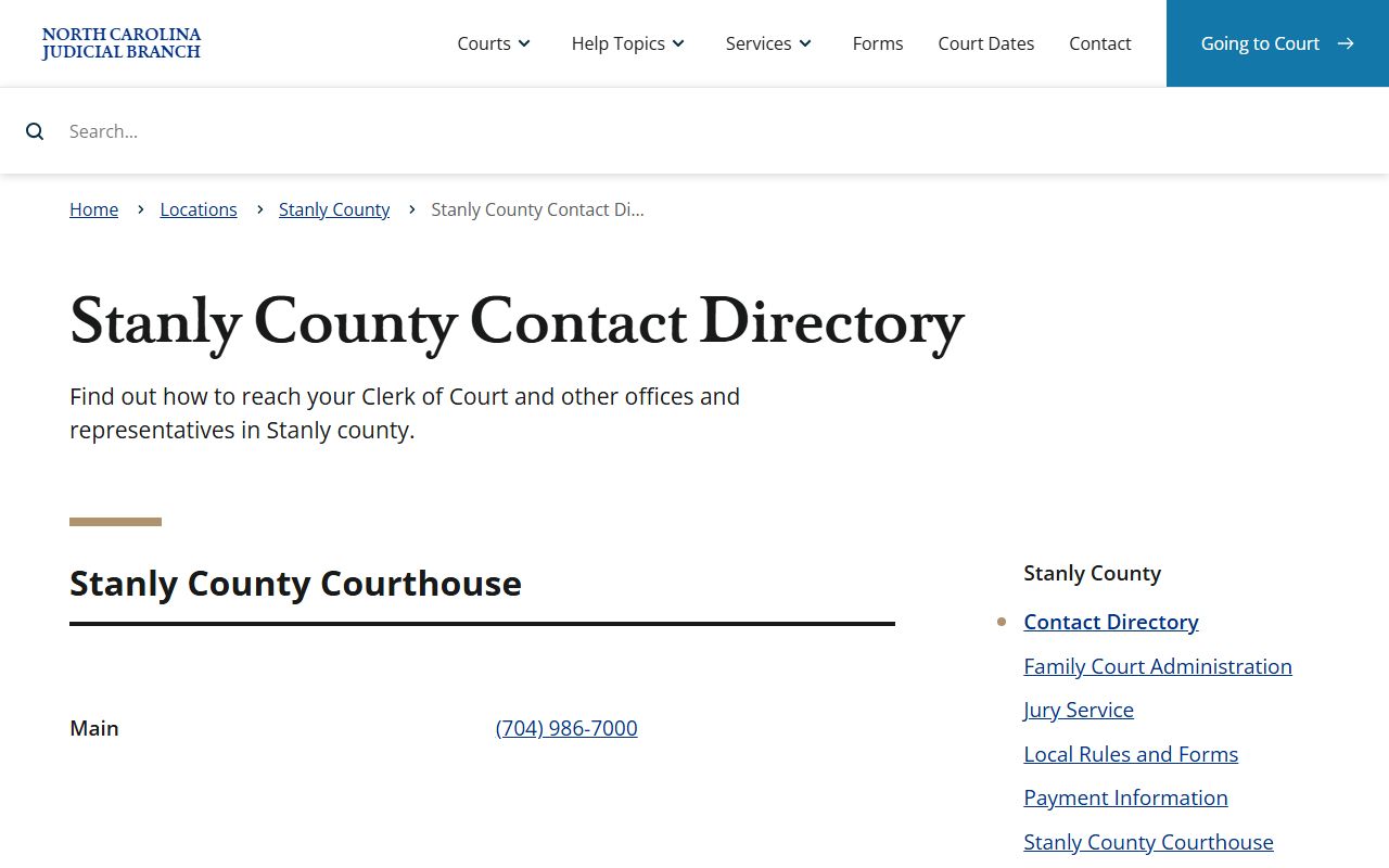 Stanly County Clerk of Superior Court contact directory