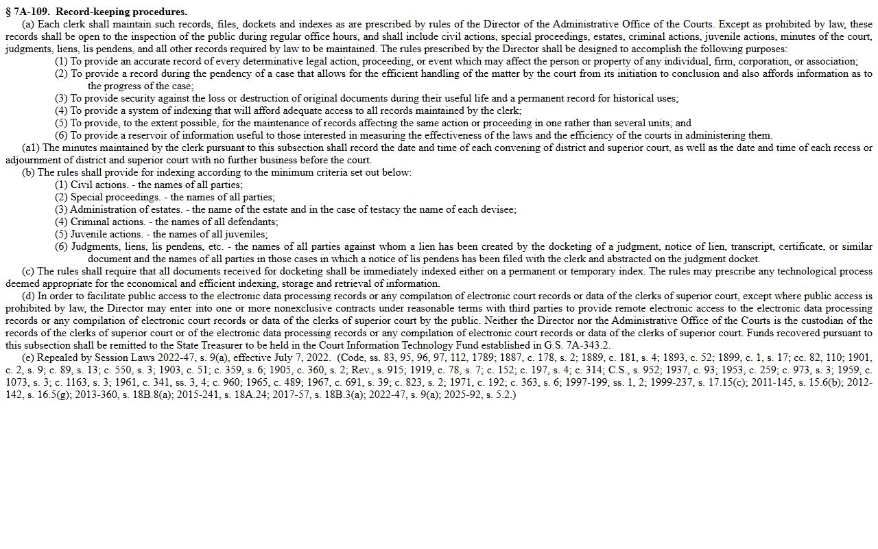 Stanly County court records G.S. 7A-109 statute