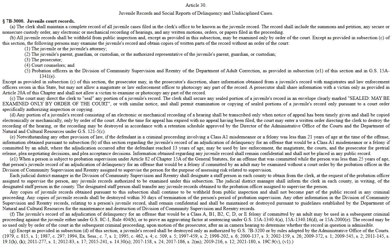 Stanly County criminal court records G.S. 7B-3000 juvenile statute