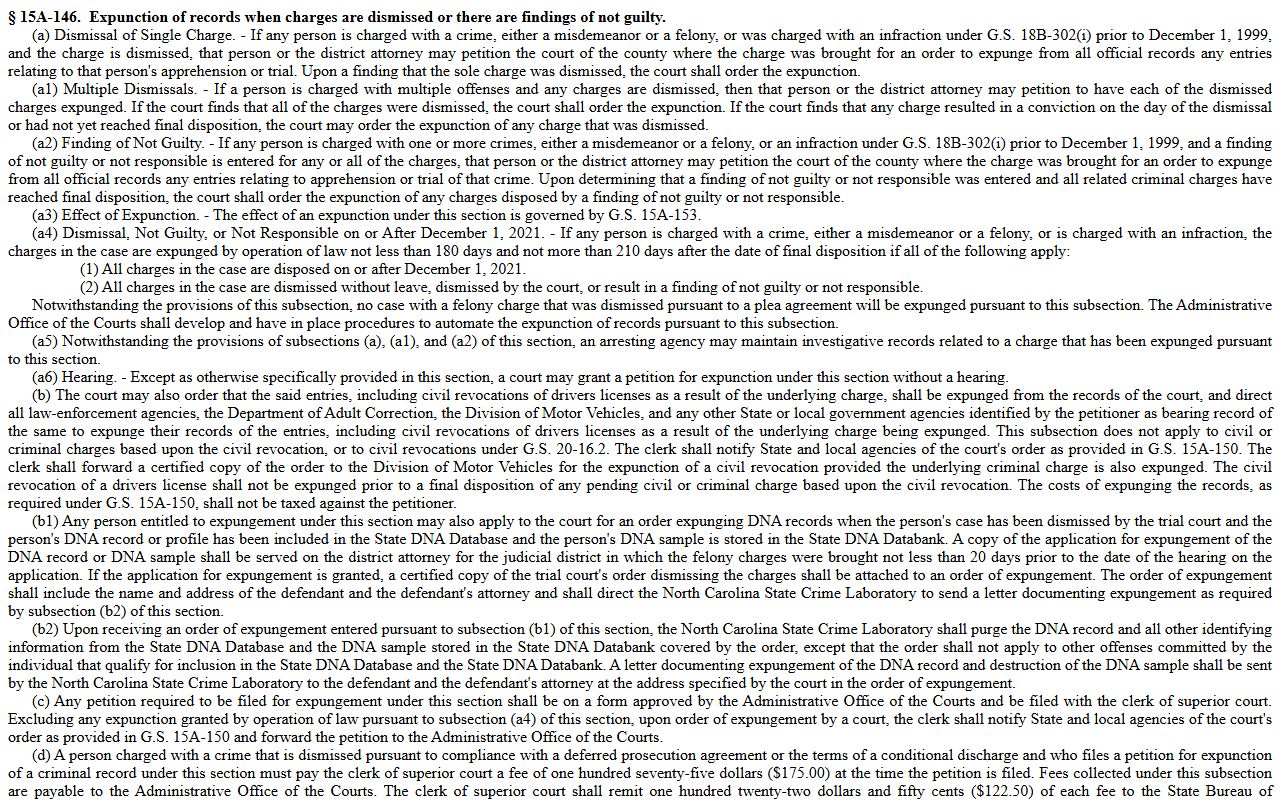 Stanly County criminal court records G.S. 15A-146 expunction statute
