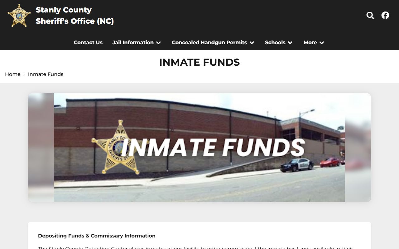 Stanly County inmate records funds and commissary rules