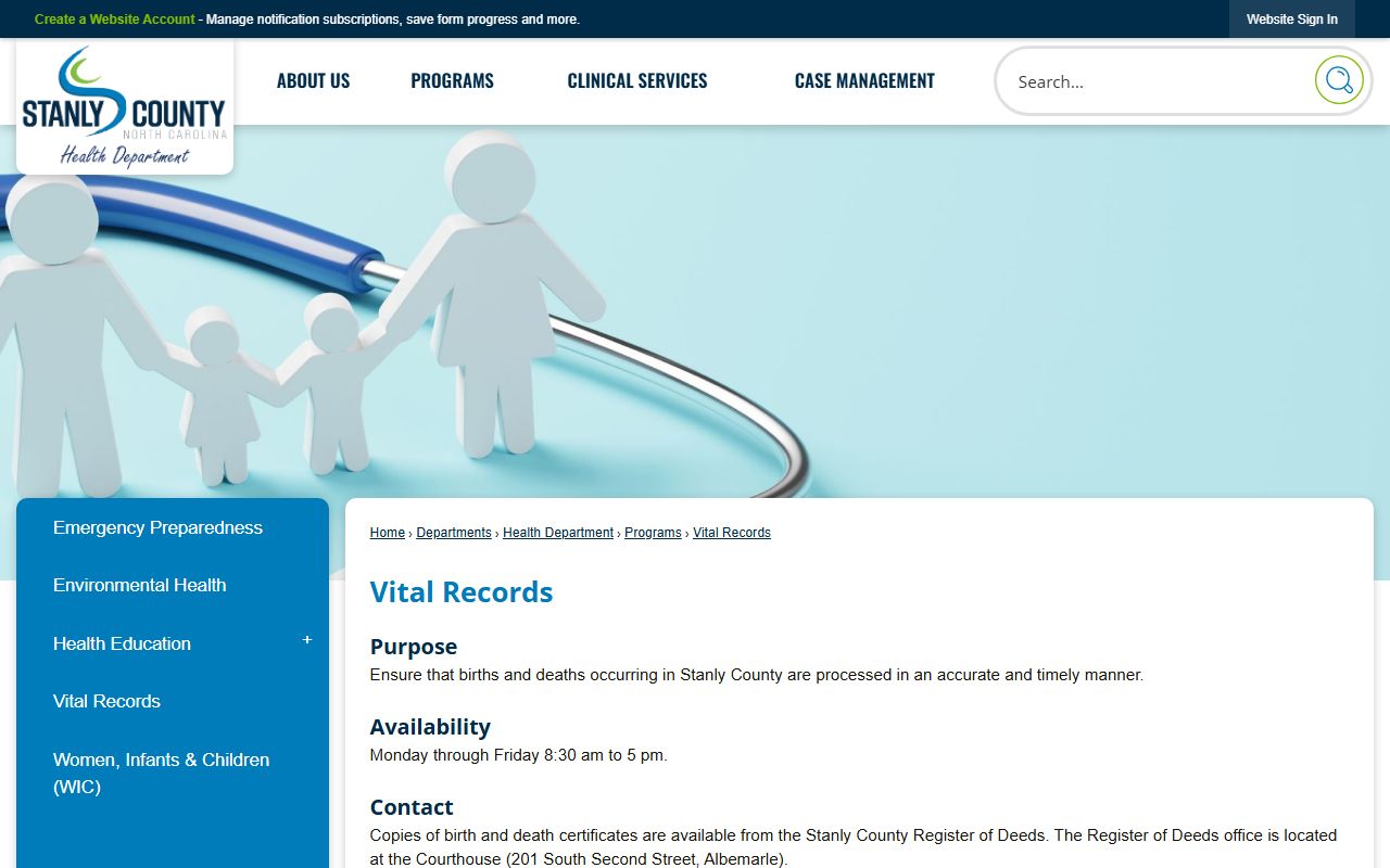 Stanly County marriage records vital records office page