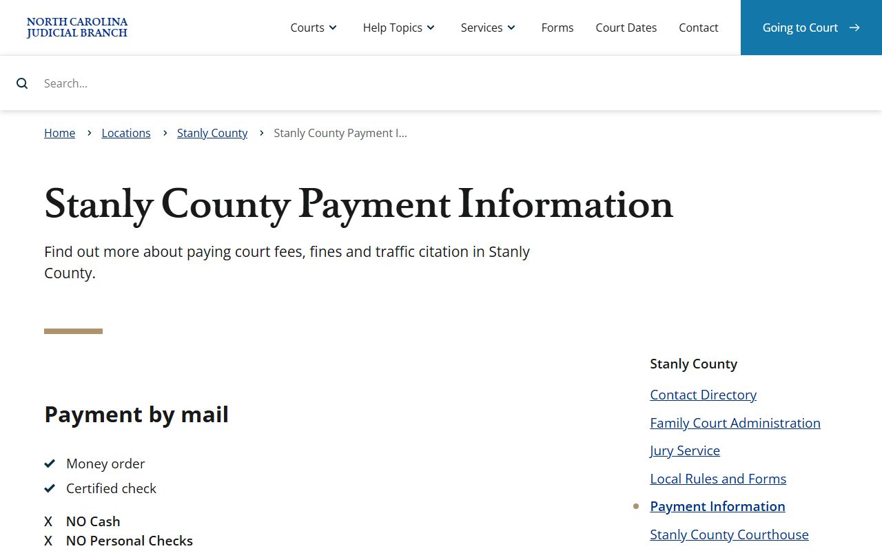 Stanly County traffic court records payment information