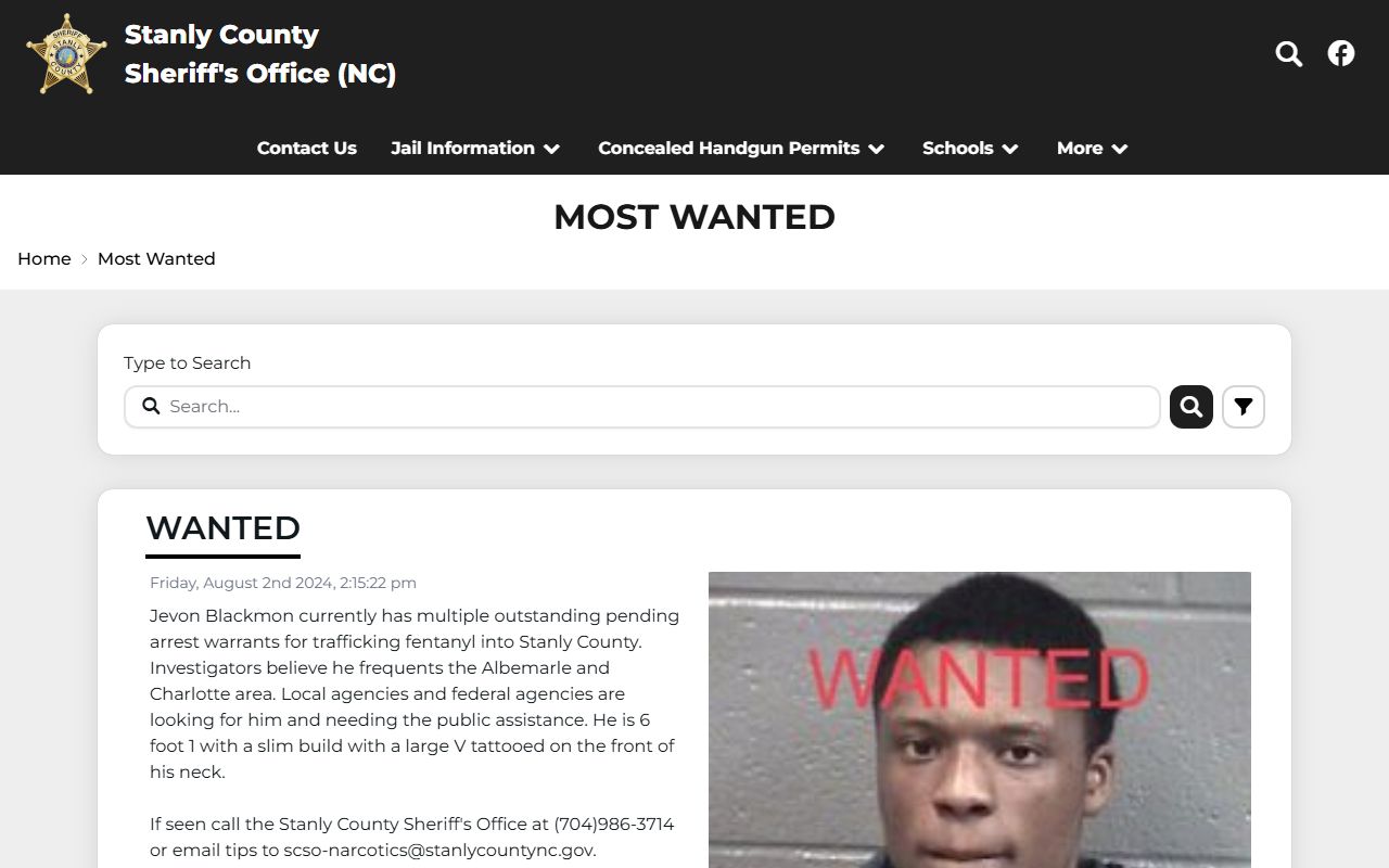 Stanly County warrant search Most Wanted page