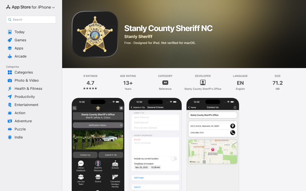 Stanly County warrant search sheriff Apple app listing